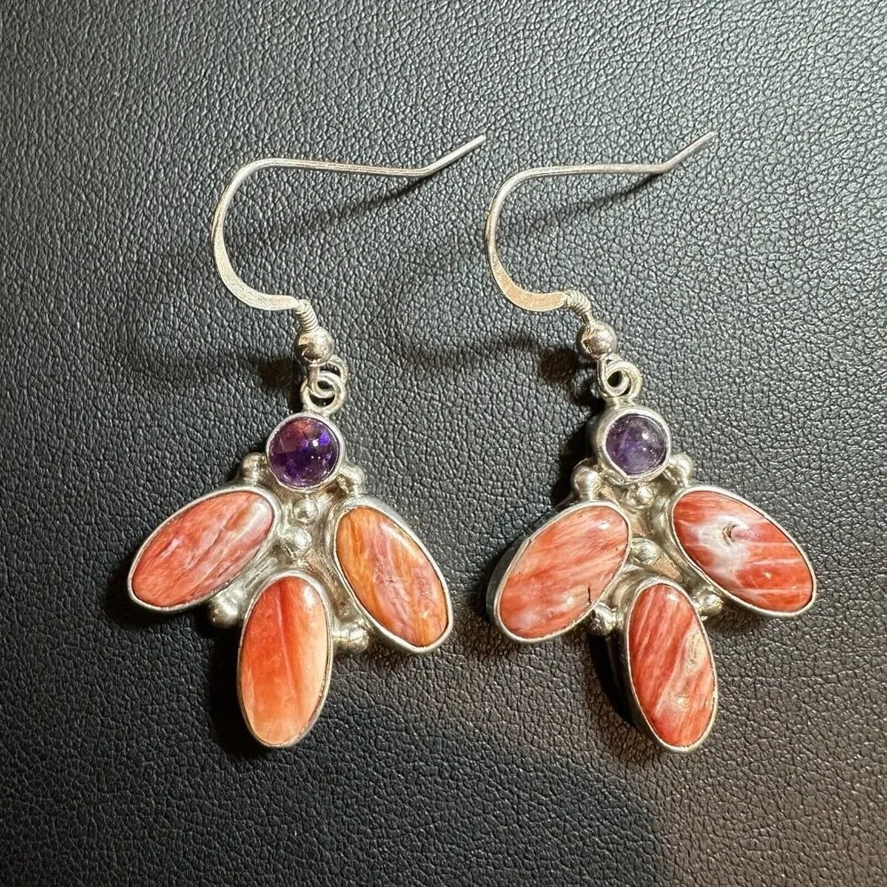 Navajo L Bennett Hook Dangle Earrings 1.75 Inch Spiny Amethyst 925 Sterling 9.1g